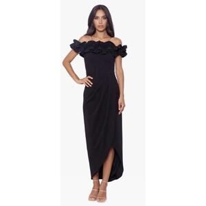 NWT XSCAPE Off The Shoulder Sz 14 Ruffle Scuba Crepe Faux Wrap Gown Dress Black